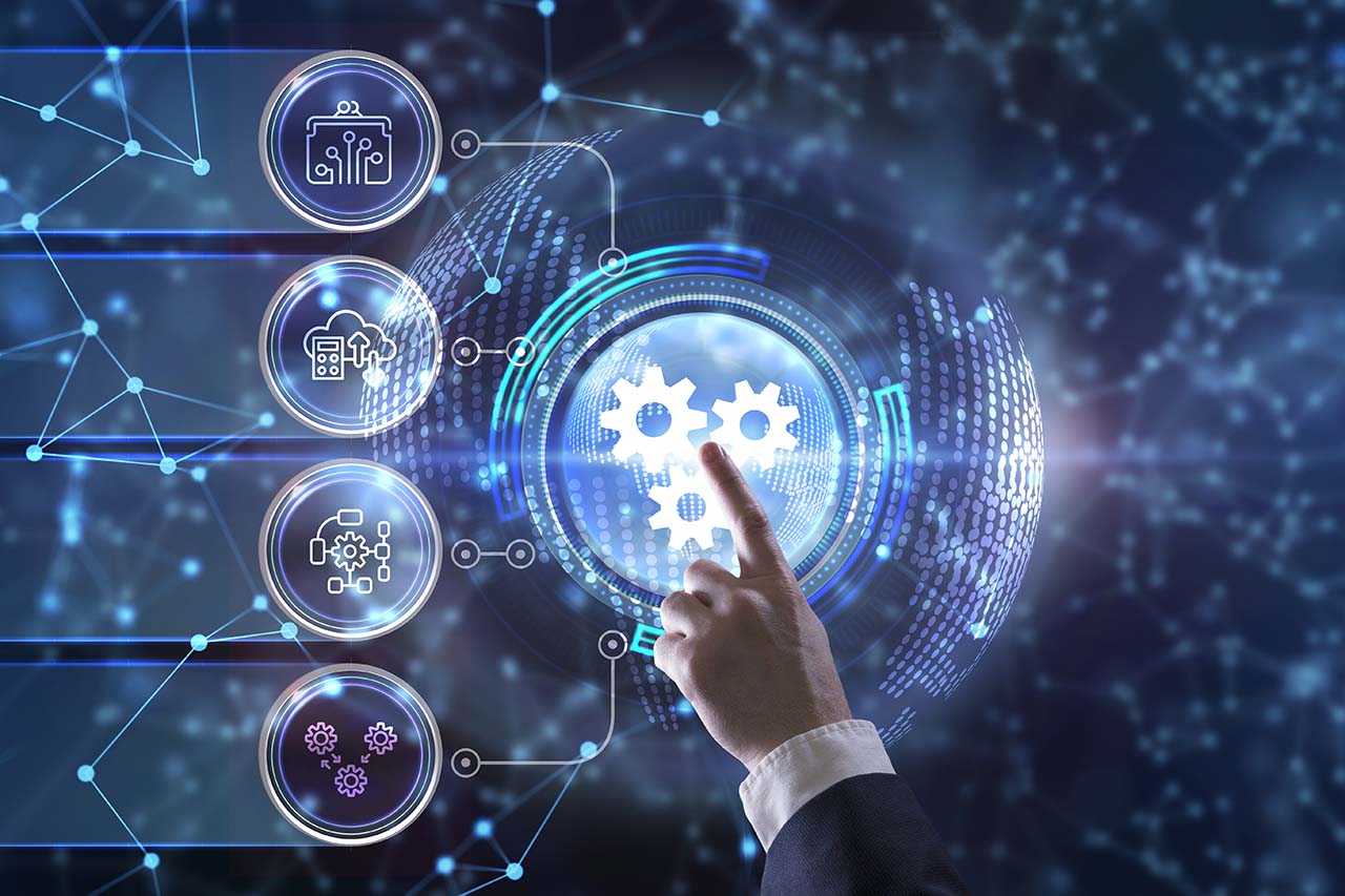  A businessman is touching a gear icon on a virtual screen with several icons around it, representing cloud service support, innovation, AI automation, personalized support experiences, integration with cloud management platforms, and proactive preventive support.